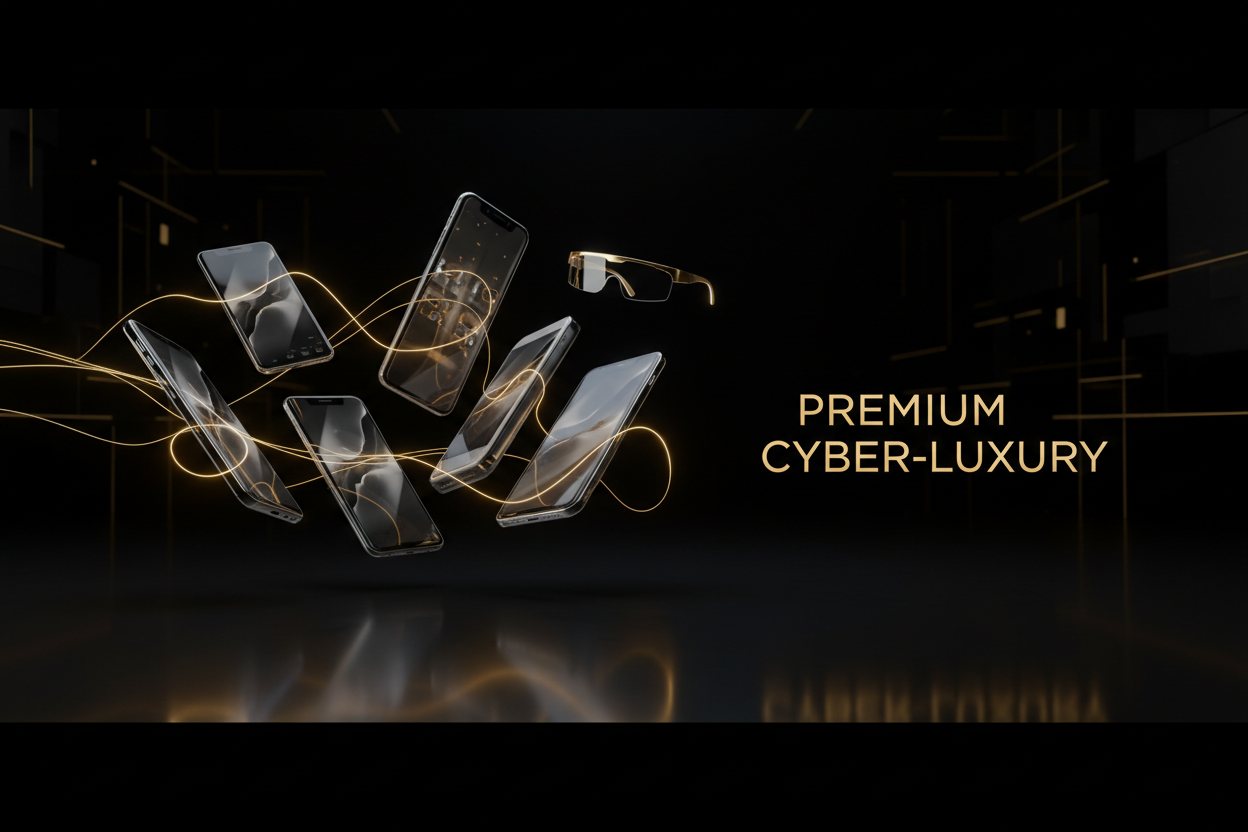 Futuristic technology showcase banner, sleek smart devices floating in a dark environment, glowing gold lines, premium cyber-luxury style, modern and clean composition, soft reflections, high-tech atmosphere