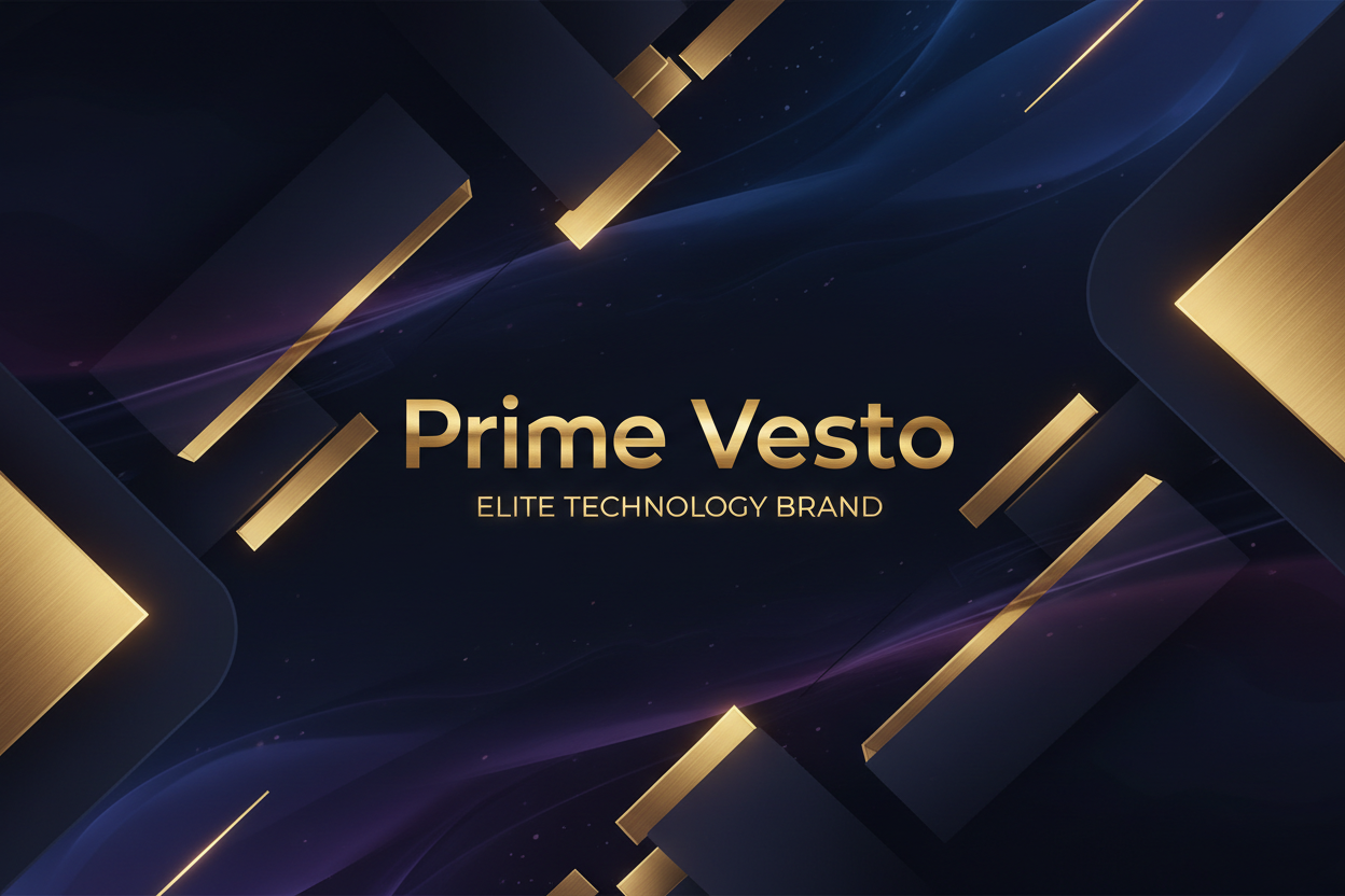 High-end tech brand promotional banner with text 'Prime Vesto', abstract futuristic background, metallic gold elements, dark luxury theme, smooth gradients, modern typography, elite technology brand feel.