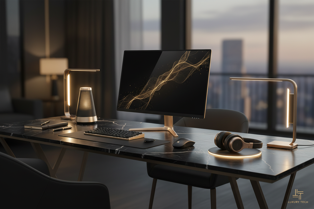 Luxury lifestyle tech banner, elegant desk setup with premium tech gadgets, warm ambient lighting, black and champagne gold color palette, minimal and sophisticated design, exclusive brand aesthetic