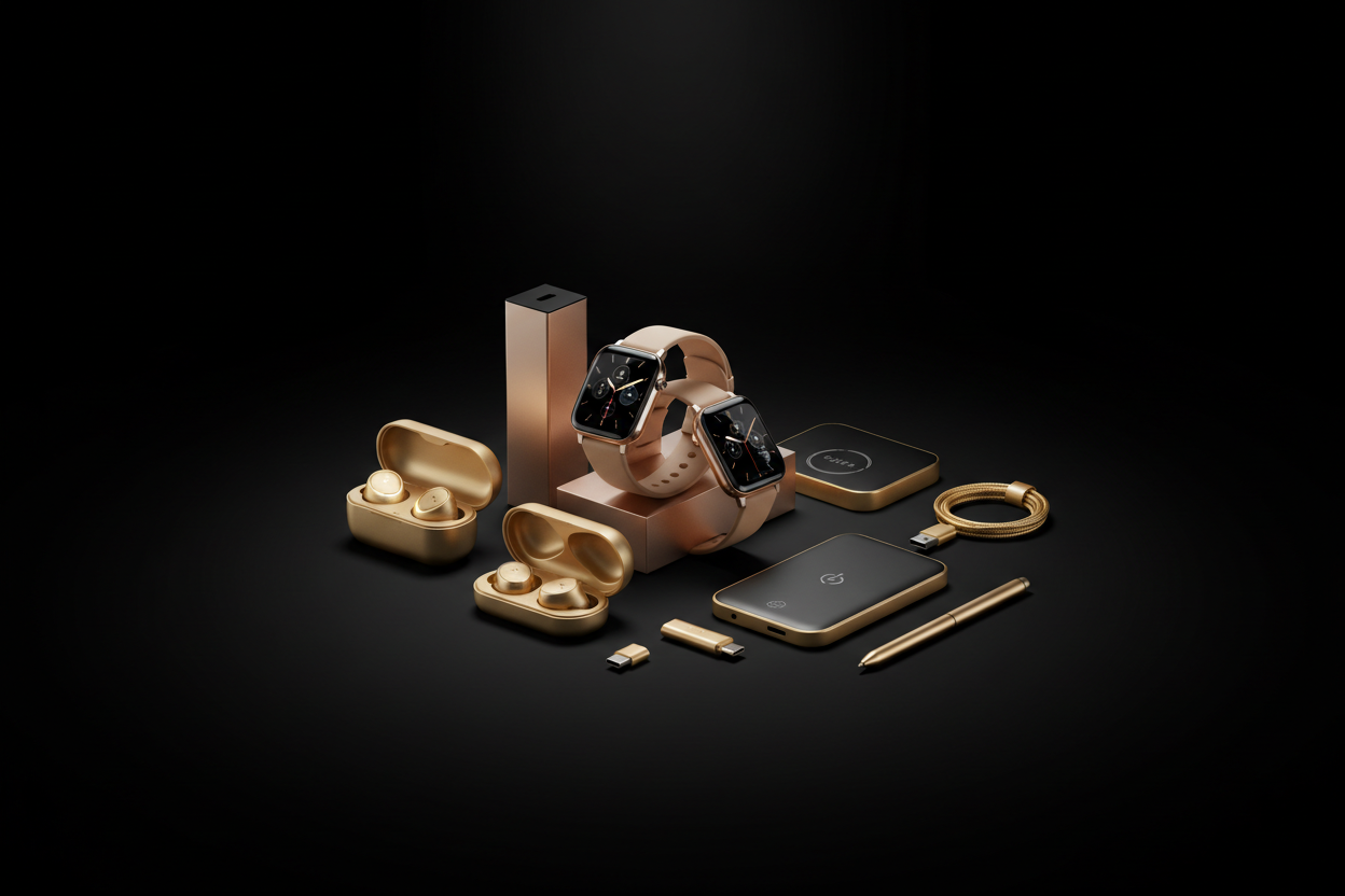 Ultra-luxury tech store hero banner, showcasing premium gadgets like smartwatches, wireless earbuds, and modern tech accessories, black background with gold metallic accents, cinematic lighting, futuristic and minimal design, high-end technology vibe.